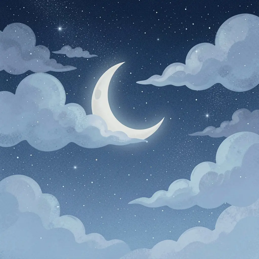 Night sky illustration with crescent moon, stars, and soft clouds representing restful sleep